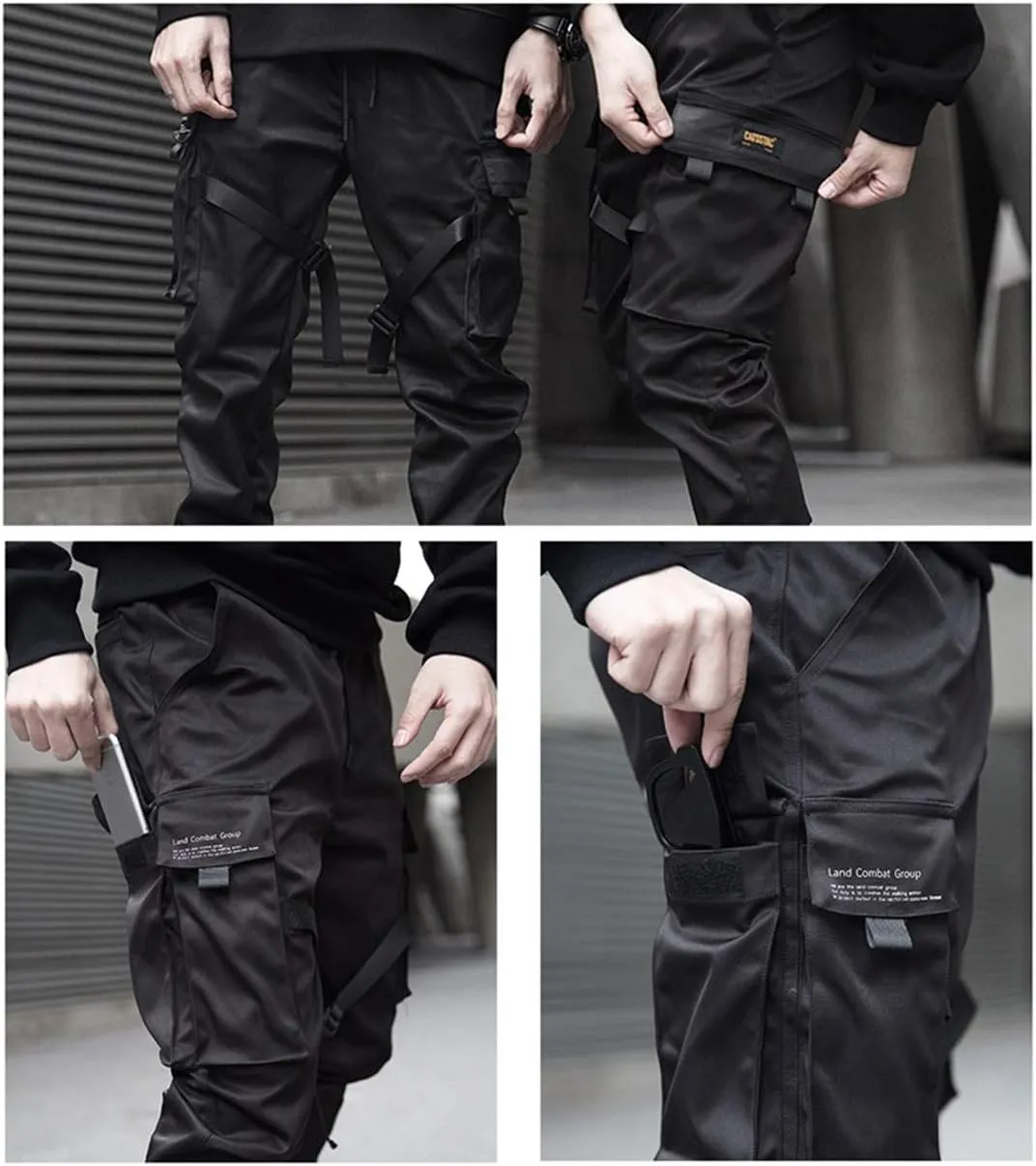 PAODIKUAI Men Techwear Matte Black Jogger Pants Relaxed Fit Streetwear Pants with Multiple Pockets