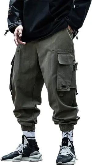 PAODIKUAI Men Techwear Matte Black Jogger Pants Relaxed Fit Streetwear Pants with Multiple Pockets