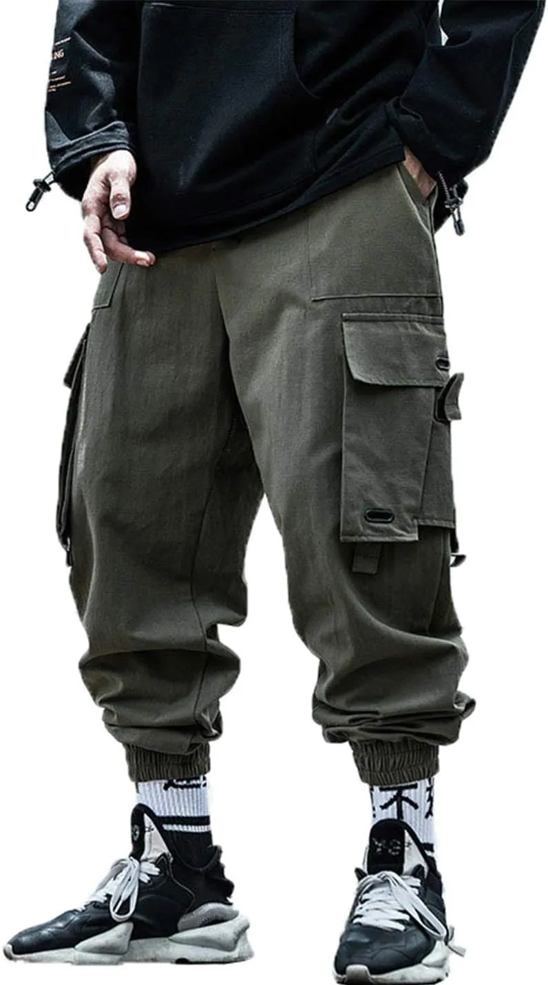 PAODIKUAI Men Techwear Matte Black Jogger Pants Relaxed Fit Streetwear Pants with Multiple Pockets