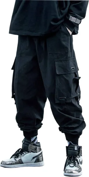 PAODIKUAI Men Techwear Matte Black Jogger Pants Relaxed Fit Streetwear Pants with Multiple Pockets