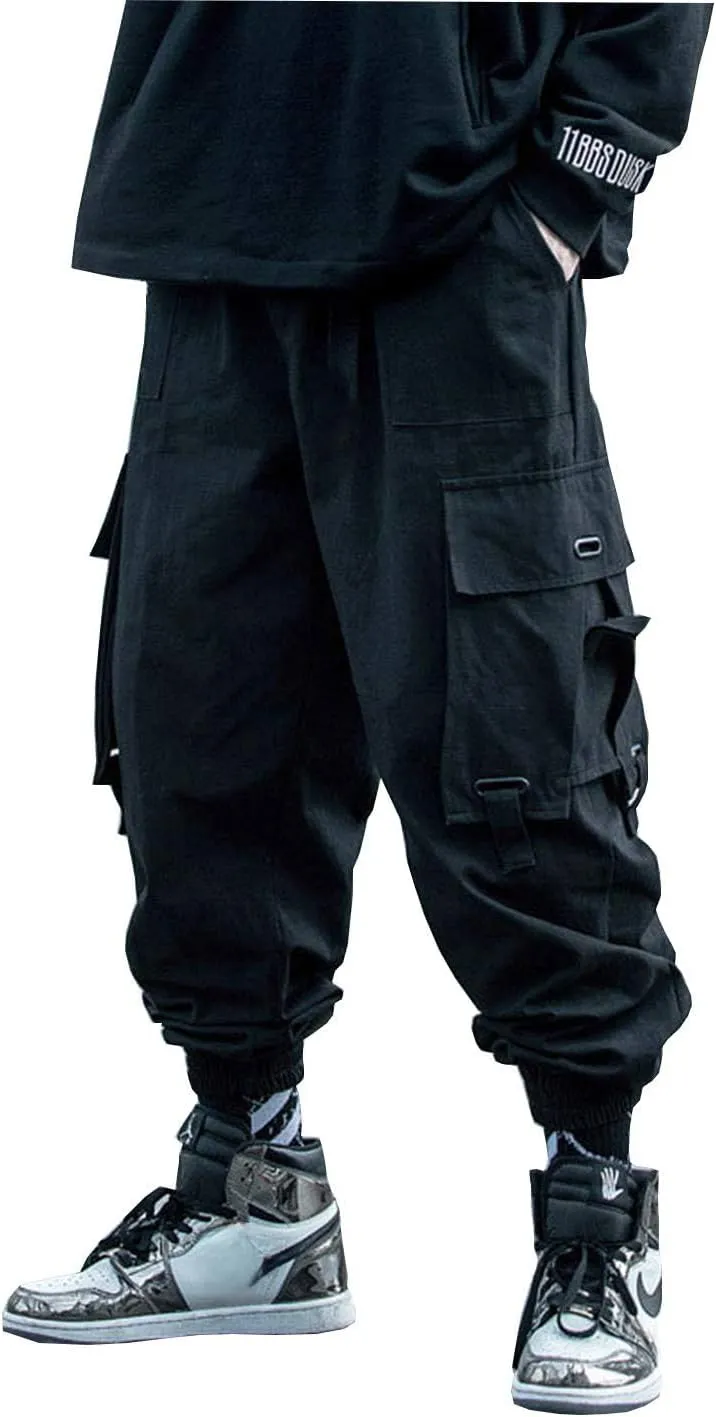 PAODIKUAI Men Techwear Matte Black Jogger Pants Relaxed Fit Streetwear Pants with Multiple Pockets