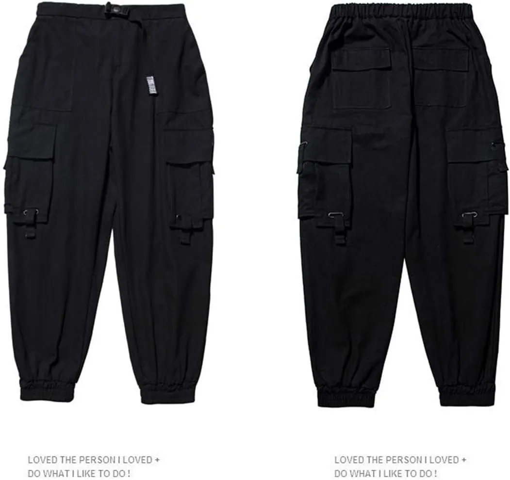PAODIKUAI Men Techwear Matte Black Jogger Pants Relaxed Fit Streetwear Pants with Multiple Pockets