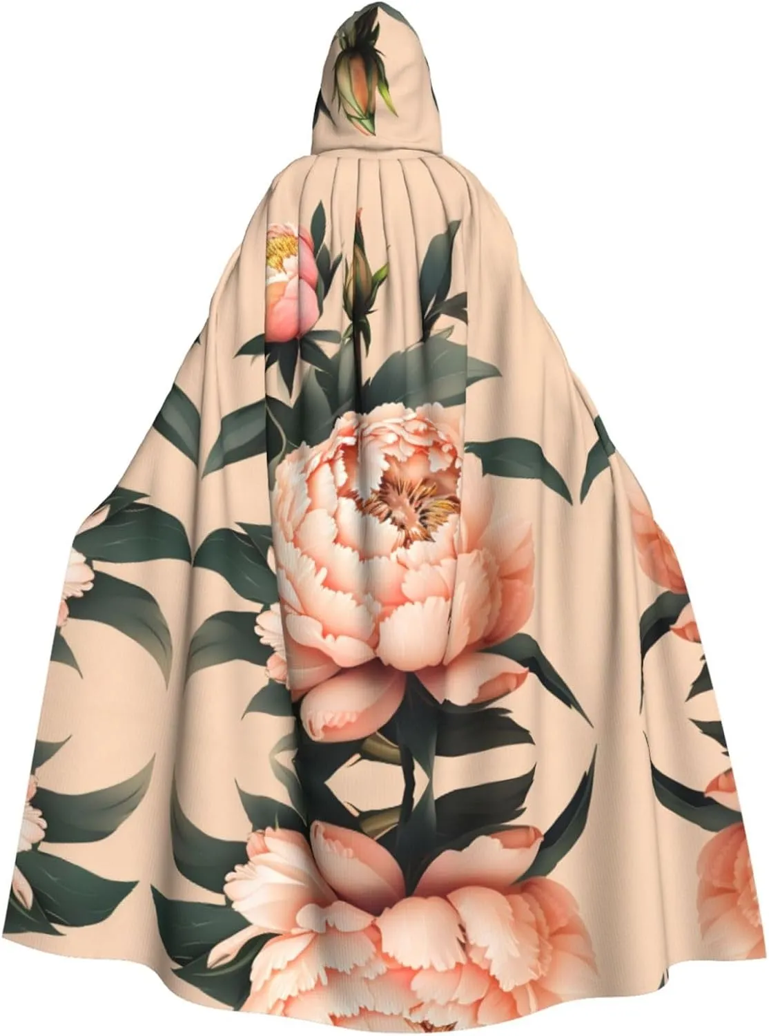 Peach Peony Print Print Halloween Cloak Men Cape Renaissance Cloak With Hood, For Adult Cosplay Party Costume