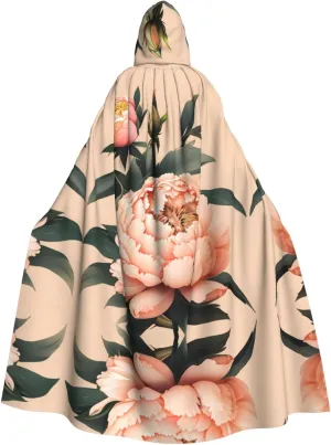 Peach Peony Print Print Halloween Cloak Men Cape Renaissance Cloak With Hood, For Adult Cosplay Party Costume