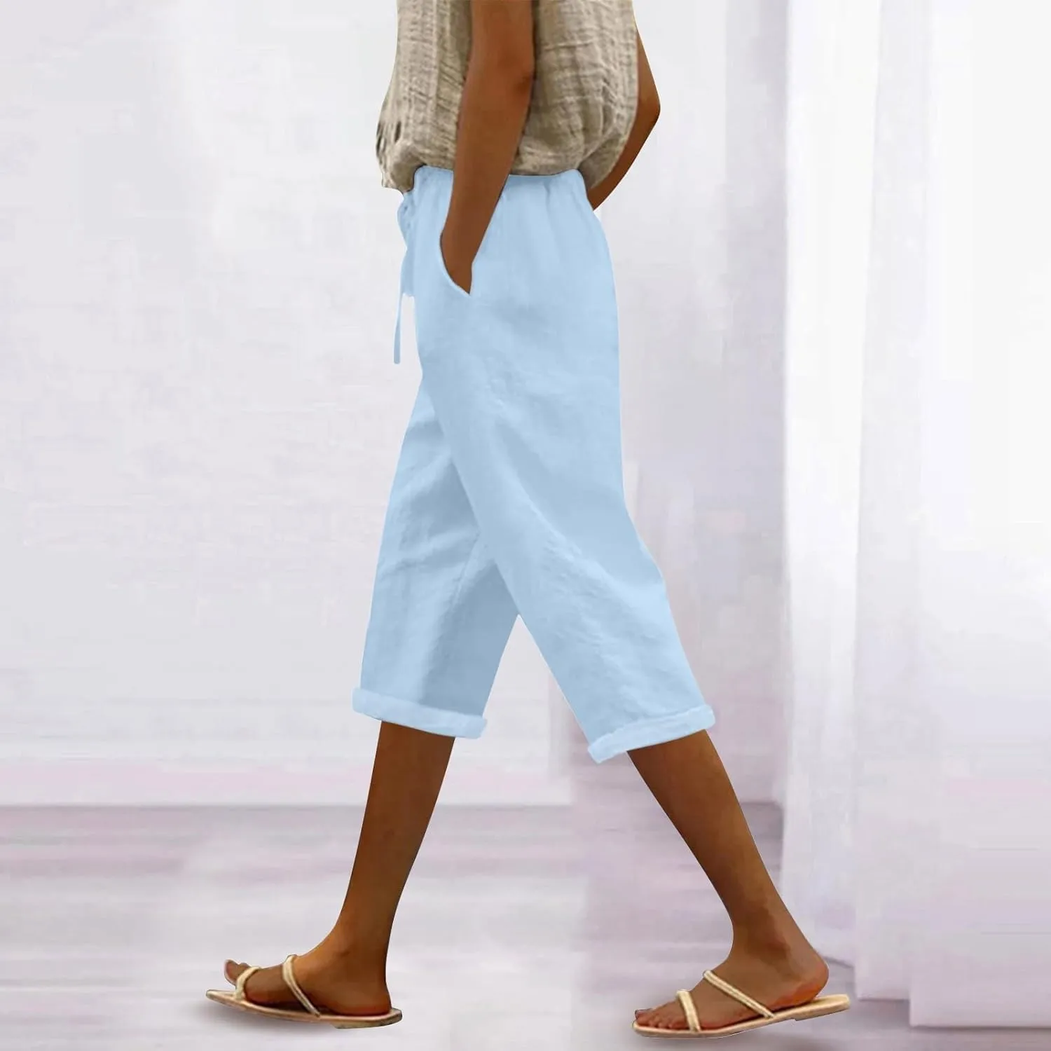 Pedal Pushers for Women Casual 2025 Summer High Waist Linen Capri Pants Wide Leg Trousers Beach Pants with Pockets