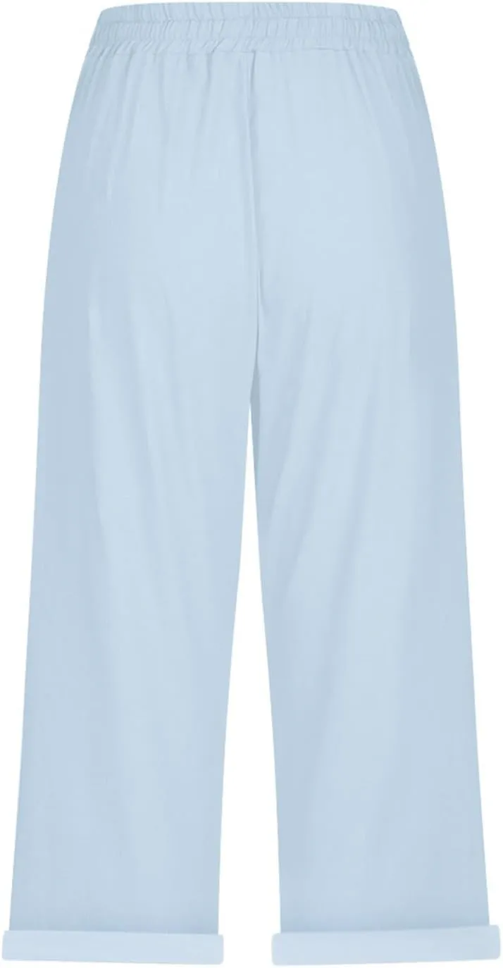 Pedal Pushers for Women Casual 2025 Summer High Waist Linen Capri Pants Wide Leg Trousers Beach Pants with Pockets