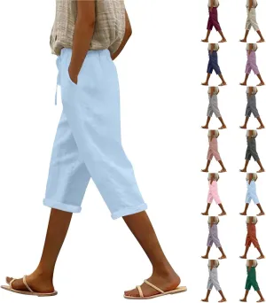 Pedal Pushers for Women Casual 2025 Summer High Waist Linen Capri Pants Wide Leg Trousers Beach Pants with Pockets