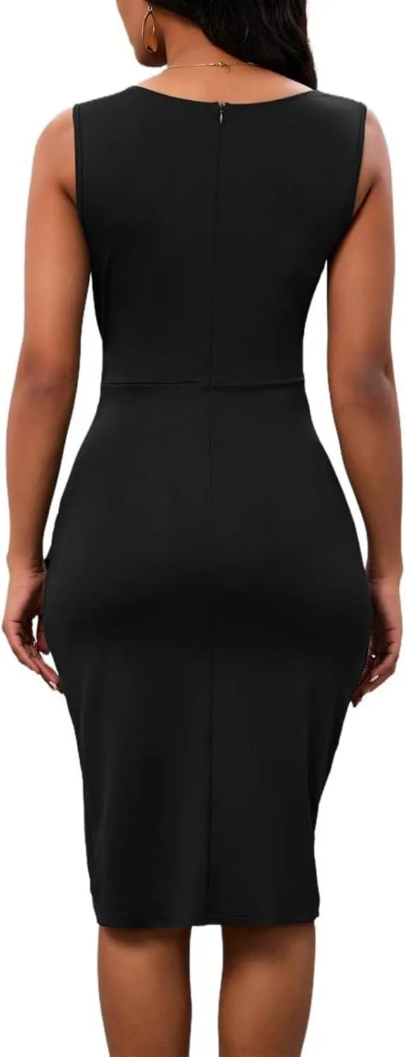 PerZeal Women's Sexy V Neck Sleeveless Bodycon Dress Cocktail Evening Party Wedding Guest Work Faux Wrap Ruched Midi Dresse