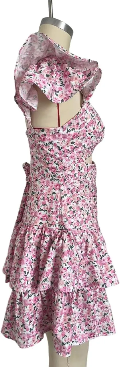 Pink Single Should Cute Ruffled Out Dress Mini Dress for Woman, Floral Pattern Dress for Woman Girls