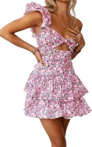 Pink Single Should Cute Ruffled Out Dress Mini Dress for Woman, Floral Pattern Dress for Woman Girls