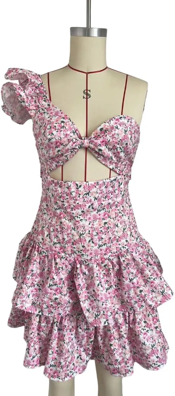 Pink Single Should Cute Ruffled Out Dress Mini Dress for Woman, Floral Pattern Dress for Woman Girls