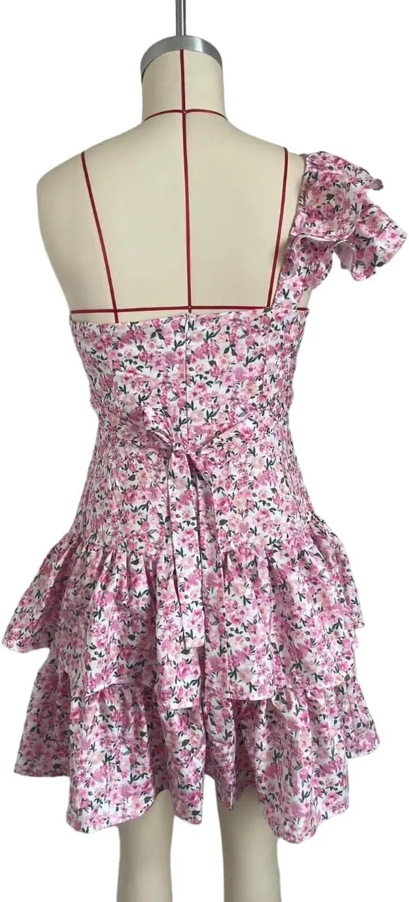 Pink Single Should Cute Ruffled Out Dress Mini Dress for Woman, Floral Pattern Dress for Woman Girls