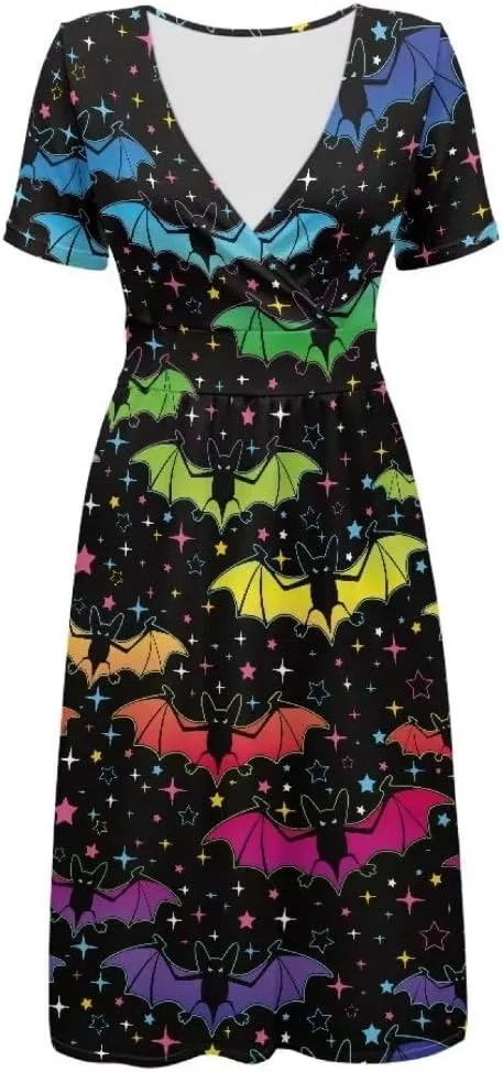 Pinupub Women Short Sleeve Wrap V Neck Dress Novelty Cute Graphic Casual Aloha Luau Party Dresses