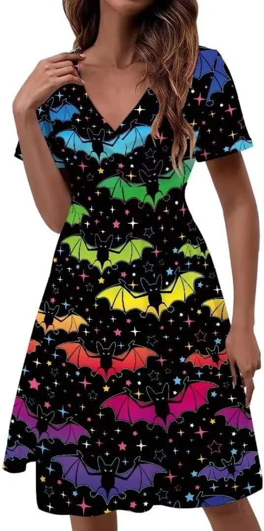 Pinupub Women Short Sleeve Wrap V Neck Dress Novelty Cute Graphic Casual Aloha Luau Party Dresses
