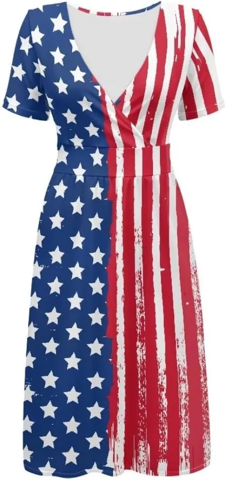 Pinupub Women Short Sleeve Wrap V Neck Dress Novelty Cute Graphic Casual Aloha Luau Party Dresses