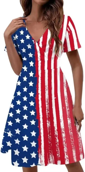 Pinupub Women Short Sleeve Wrap V Neck Dress Novelty Cute Graphic Casual Aloha Luau Party Dresses