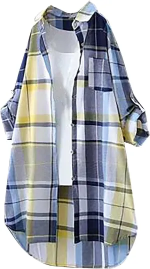Plaid Long Shirts for Women 2025 Fashion Oversized Long Sleeve Button Up Collared Blouse Summer Casual Beach Cover Up