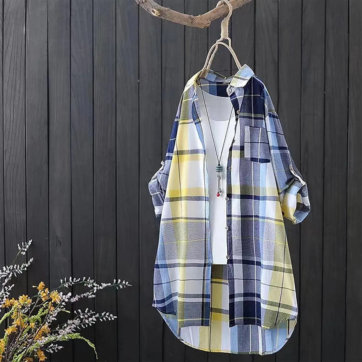 Plaid Long Shirts for Women 2025 Fashion Oversized Long Sleeve Button Up Collared Blouse Summer Casual Beach Cover Up