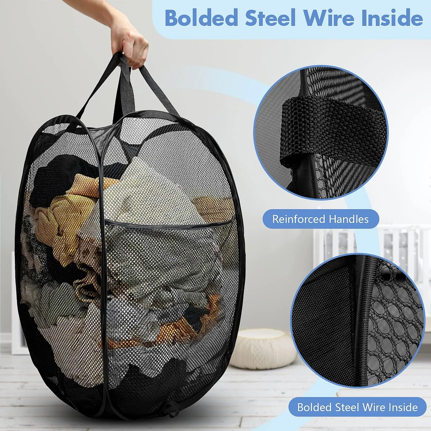 Pop Up Hamper, 1 PCS Mesh Pop Up Laundry Hamper, Foldable Mesh Laundry Basket with Space-Saving Design for Home, Dorm, Travel & Storage - Black
