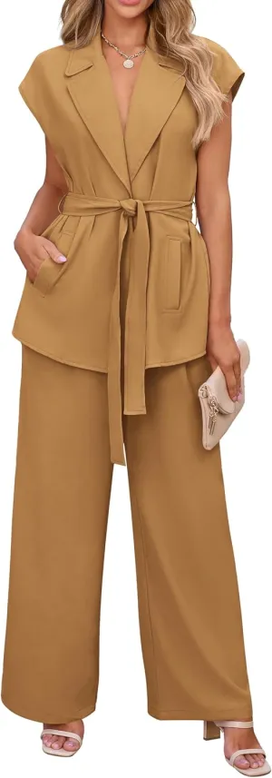 PRETTYGARDEN Women's Summer 2 Piece Outfits 2025 Cap Sleeve V Neck Blazer Vest Wide Leg Pant Sets Office Work Clothes
