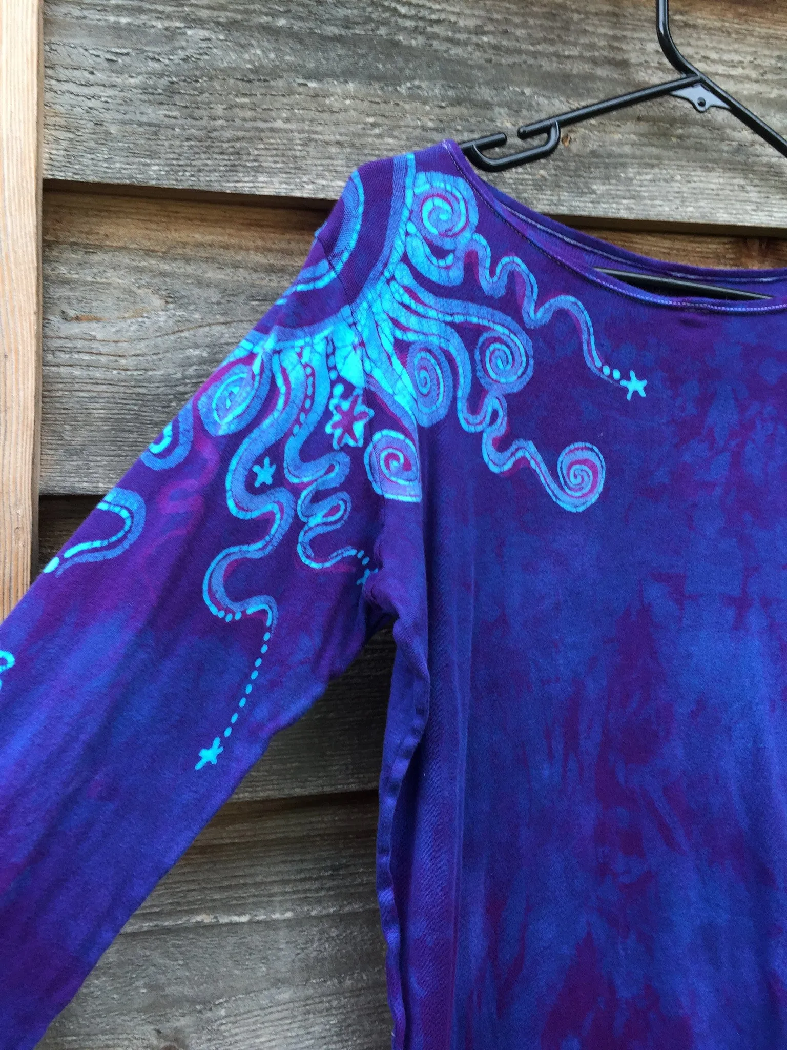 Purple and Turquoise Shoulder Star Long Sleeve Batik Top