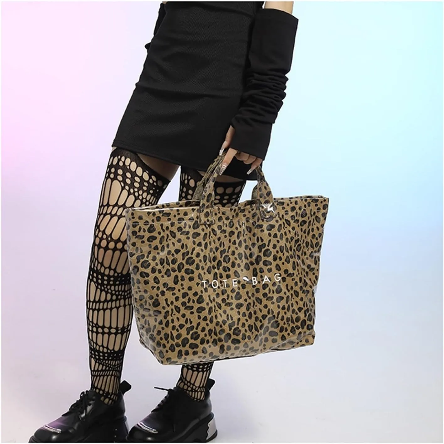 PVC Tote Bags for Women Letter Print Tote Bag Large Clear Plastic Cheetah Print Bag Top Handed Bags
