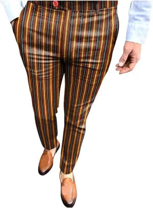 QWENTMTNTY Mens Striped Slim Fit Dress Pants Stretch Wrinkle Free Chino Pants Business Casual Straight Leg Tapered Pants Brown