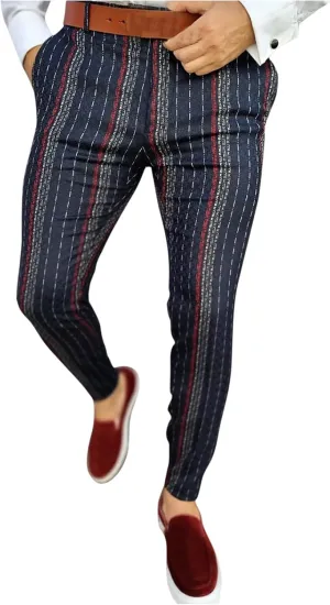 QWENTMTNTY Mens Striped Slim Fit Dress Pants Stretch Wrinkle Free Chino Pants Business Casual Straight Leg Tapered Pants Navy