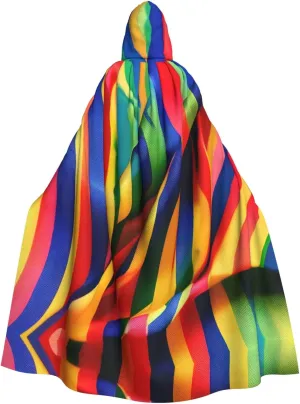 Rainbow Color Stripe Print Halloween Cloak Men Cape Renaissance Cloak With Hood, For Adult Cosplay Party Costume