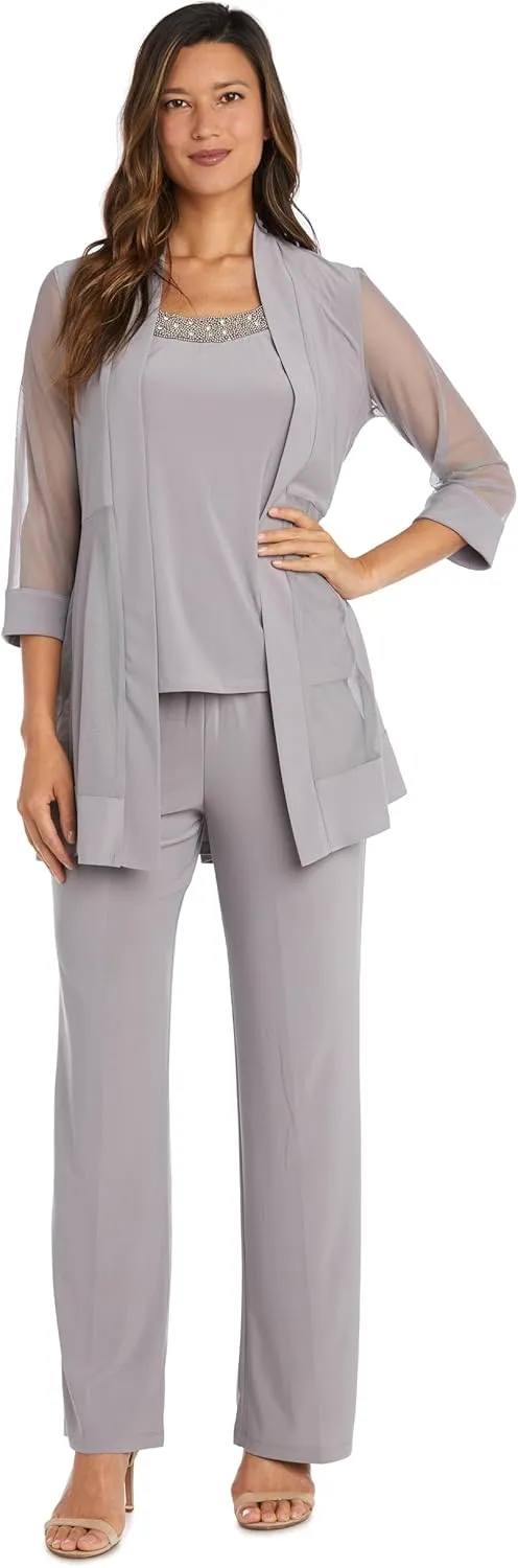 R&M Richards 3 PC Pant Suit W/Sheer Inserts, Beaded Neckline & Diamante
