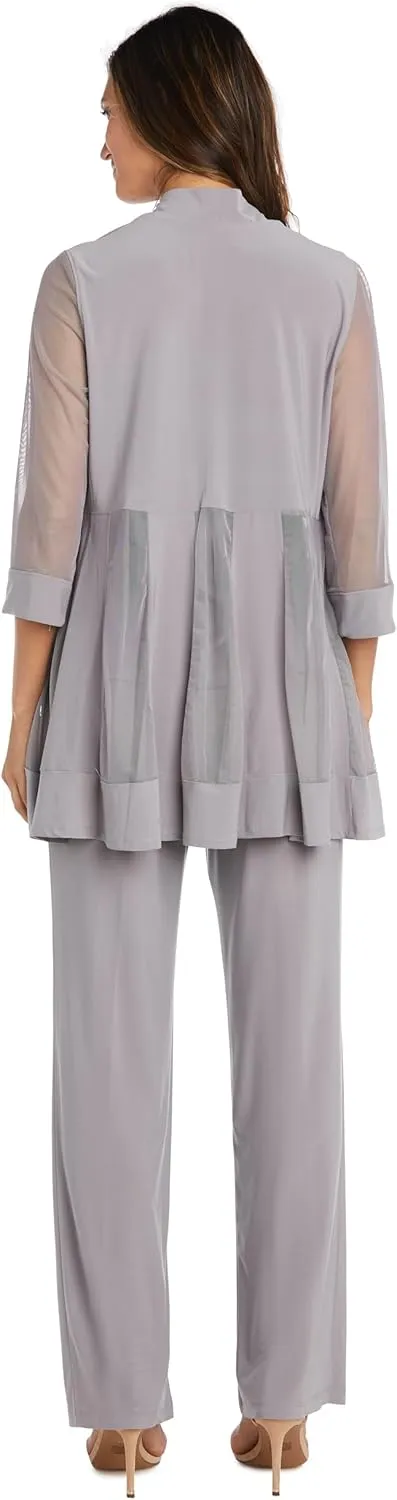 R&M Richards 3 PC Pant Suit W/Sheer Inserts, Beaded Neckline & Diamante