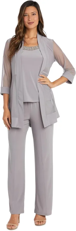 R&M Richards 3 PC Pant Suit W/Sheer Inserts, Beaded Neckline & Diamante