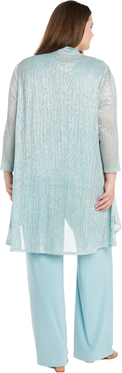 R&M Richards Elegant 3-Piece Sequin Duster Pant Set W/Necklace - Wide-Leg Pull-On Pants & Shimmer Tank