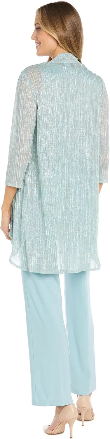 R&M Richards Elegant 3-Piece Sequin Duster Pant Set W/Necklace - Wide-Leg Pull-On Pants & Shimmer Tank