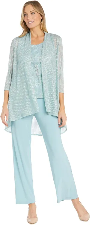 R&M Richards Elegant 3-Piece Sequin Duster Pant Set W/Necklace - Wide-Leg Pull-On Pants & Shimmer Tank
