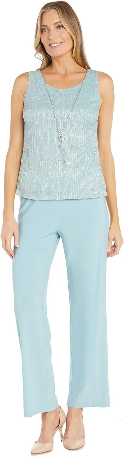 R&M Richards Elegant 3-Piece Sequin Duster Pant Set W/Necklace - Wide-Leg Pull-On Pants & Shimmer Tank