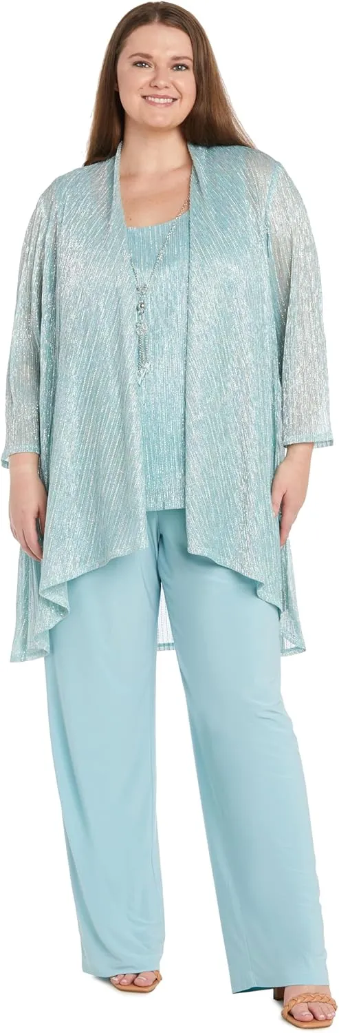 R&M Richards Elegant 3-Piece Sequin Duster Pant Set W/Necklace - Wide-Leg Pull-On Pants & Shimmer Tank