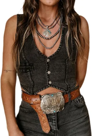 Raruxxin Women Vintage Denim Vest Button Down TieUp Sleeveless Slim Jean Crop Tank Top Y2k Summer Going Out Corset Streetwear