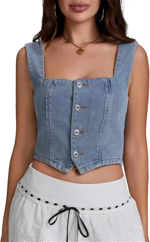Raruxxin Women Vintage Denim Vest Button Down TieUp Sleeveless Slim Jean Crop Tank Top Y2k Summer Going Out Corset Streetwear