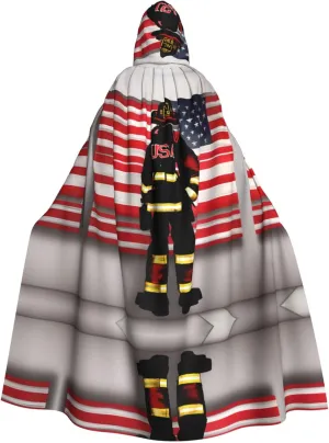 Red Stripe Firefighter Usa Flag Print Halloween Cloak Men Cape Renaissance Cloak With Hood, For Adult Cosplay Party Costume