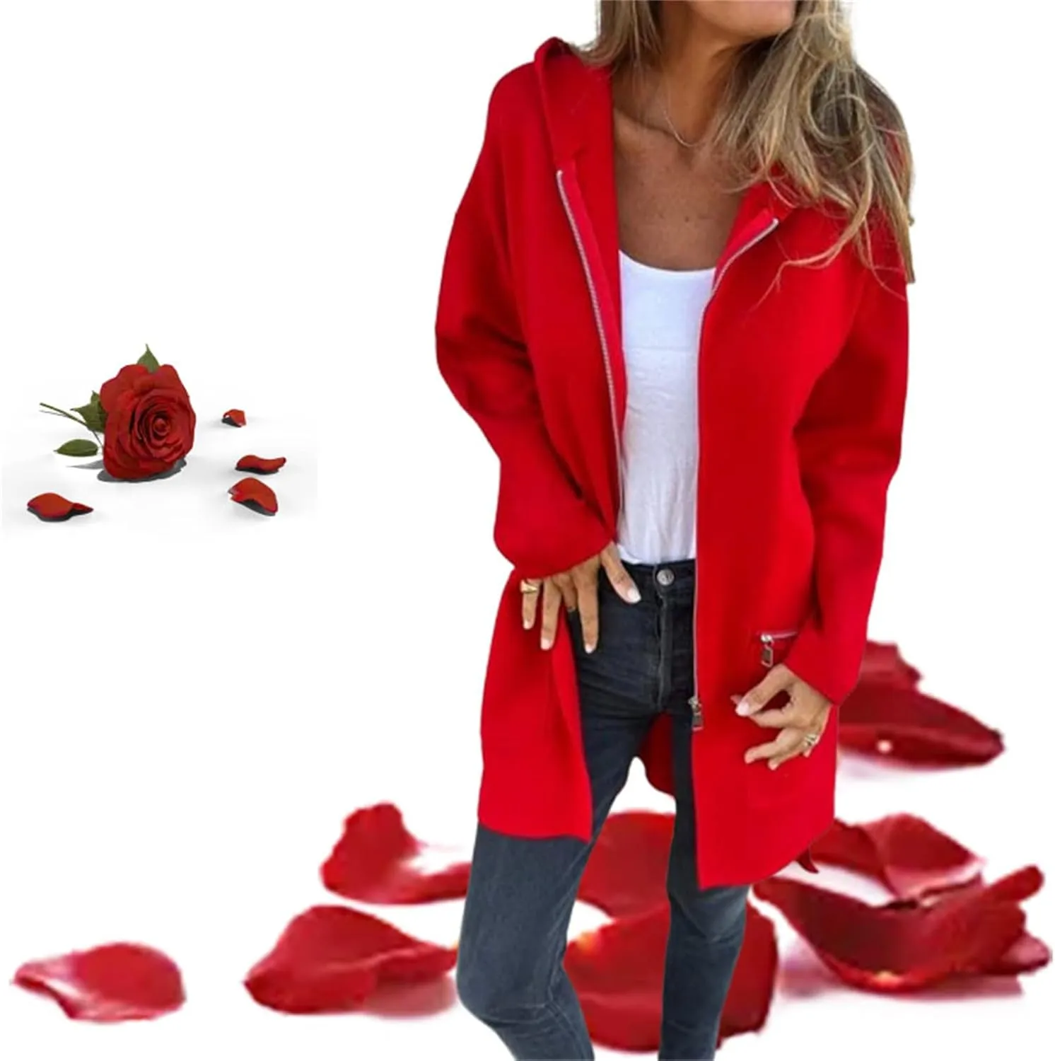 Round Neck Zipper Long Sleeve Casual Jacket,Womens Zip Up Hoodies Autumn Winter Tunic Trench Coat with Zip Pockets