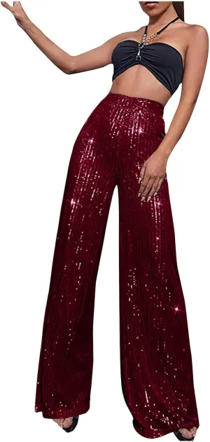 Sequin Pants for Women 2023 High Waist Bell Bottoms Glitter Wide Leg Palazzo Pants Night Club Sparkle Flared Trousers