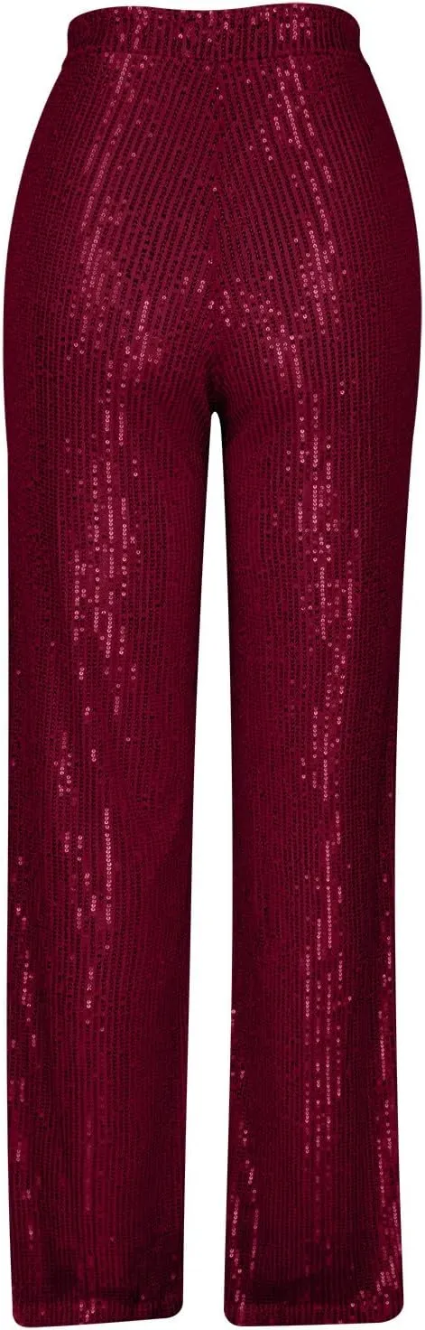 Sequin Pants for Women 2023 High Waist Bell Bottoms Glitter Wide Leg Palazzo Pants Night Club Sparkle Flared Trousers