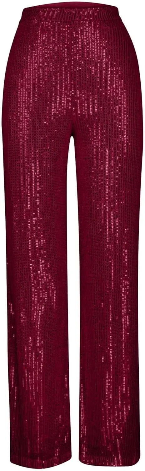 Sequin Pants for Women 2023 High Waist Bell Bottoms Glitter Wide Leg Palazzo Pants Night Club Sparkle Flared Trousers