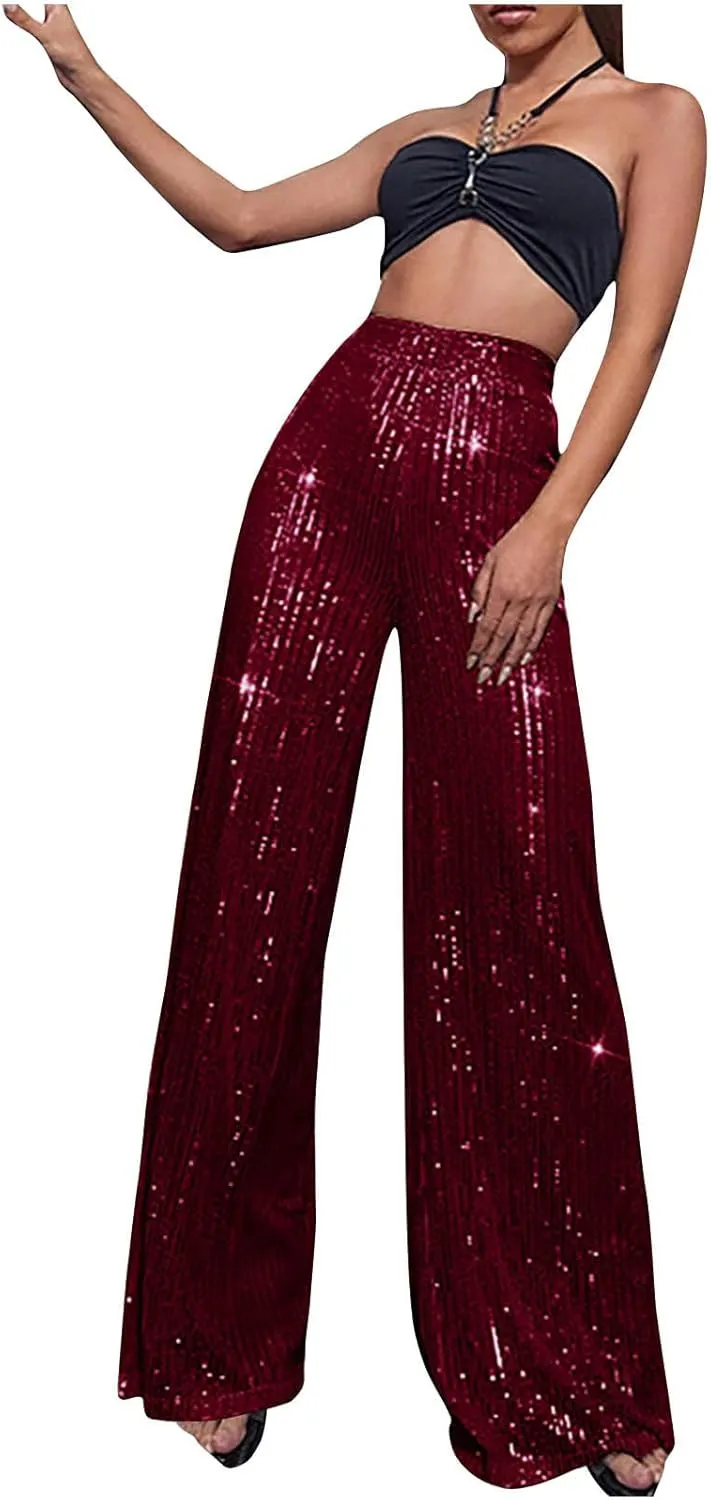 Sequin Pants for Women 2023 High Waist Bell Bottoms Glitter Wide Leg Palazzo Pants Night Club Sparkle Flared Trousers