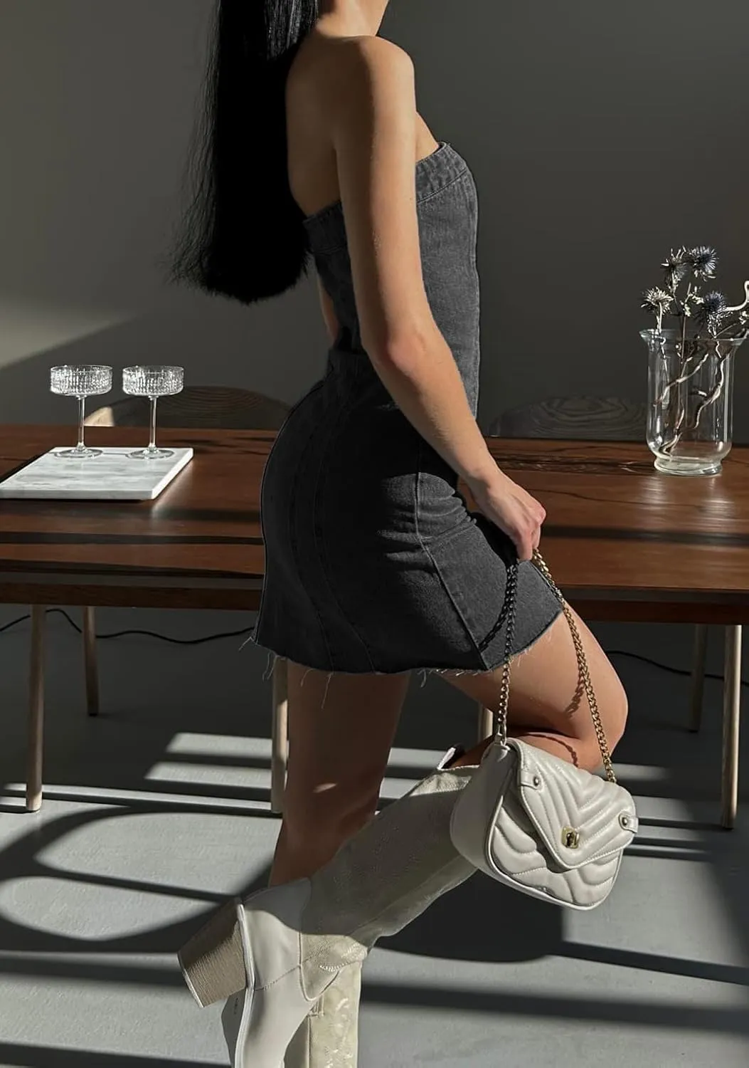 Sexy Denim Strapless Dresses for Women Y2K Jeans Corset Backless Tube Bodycon Mini Dress Clubwear