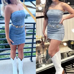 Sexy Denim Strapless Dresses for Women Y2K Jeans Corset Backless Tube Bodycon Mini Dress Clubwear