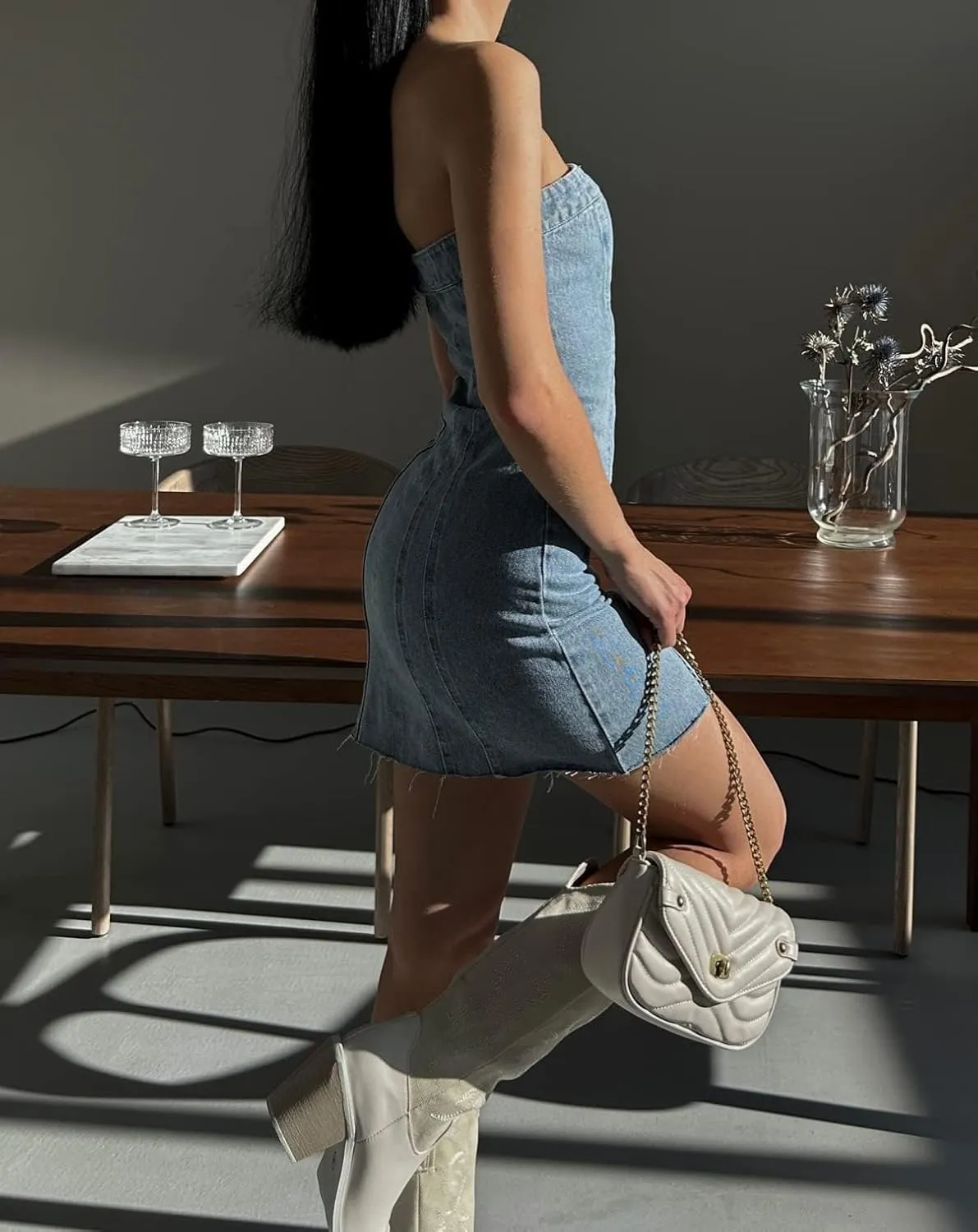 Sexy Denim Strapless Dresses for Women Y2K Jeans Corset Backless Tube Bodycon Mini Dress Clubwear
