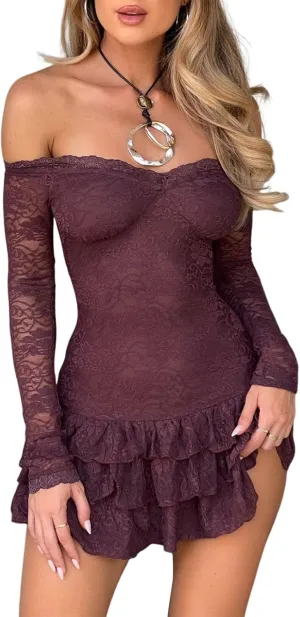 Sexy Floral Lace Micro Dress for Women Spring Summer Casual Long Sleeve Off Shoulder Neck Ruffle Tiered Mini Dresses