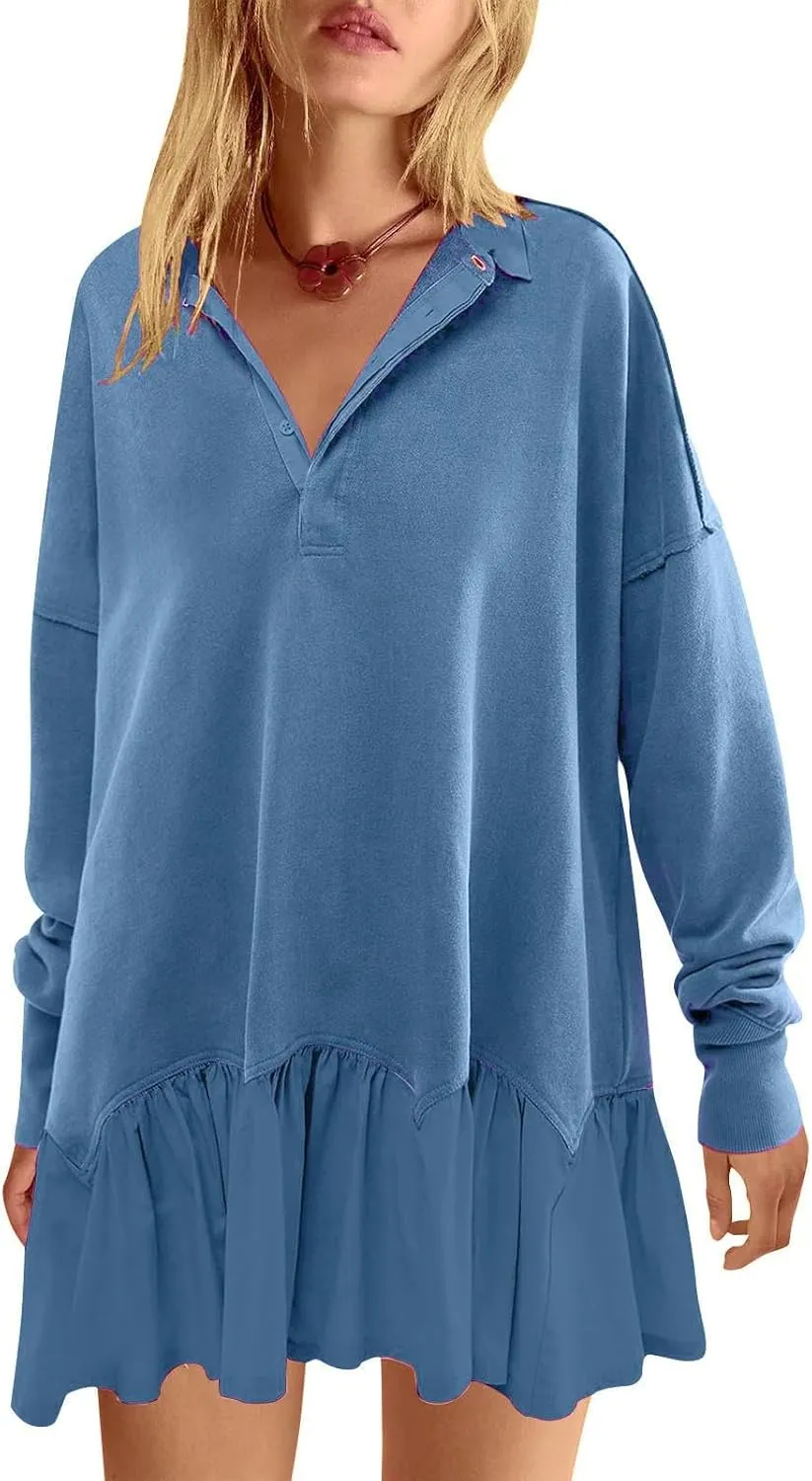 Shirt Dresses for Women 2024 Trendy Long Sleeve Patchwork Sweatshirt Dress Cute V Neck Ruffle Button Up Mini Dresses